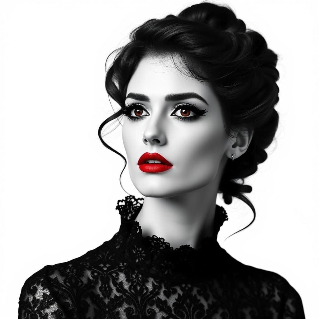 Dramatic Woman in Black and White With Red Lips