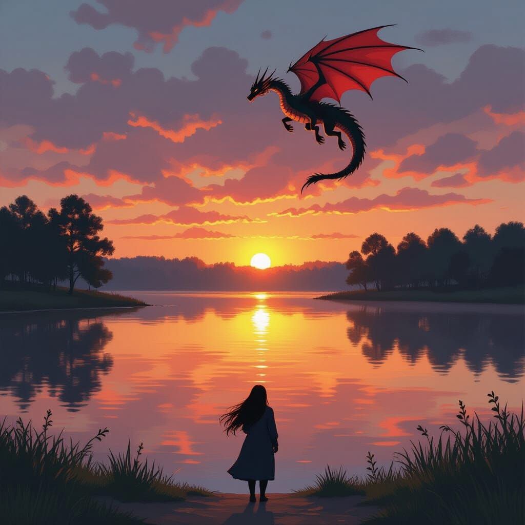 Sunset Lake with Dragon, Inspired by Romanticism
