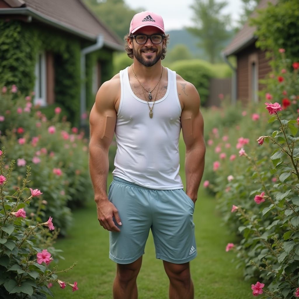 Muscular Man in Garden, Photorealistic Portrait