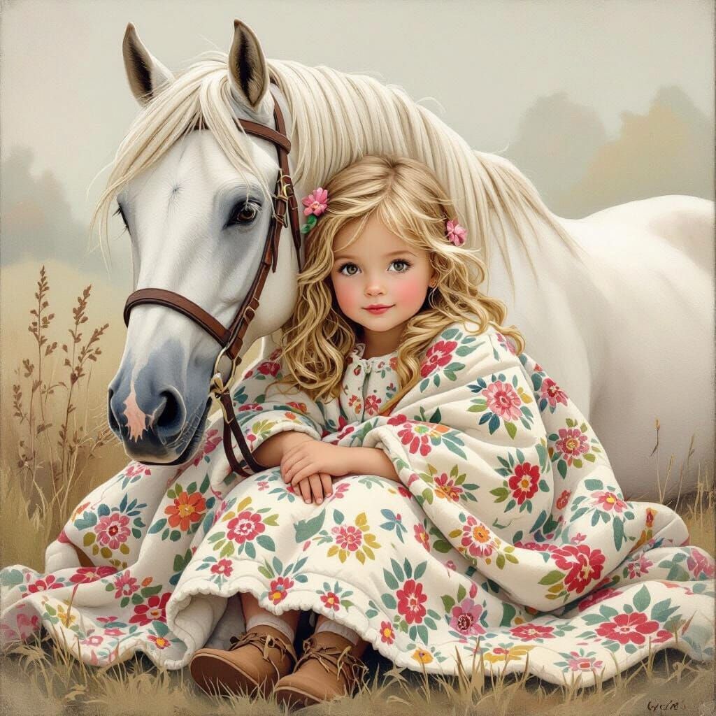 Girl with Horse in Whimsical Storybook Style