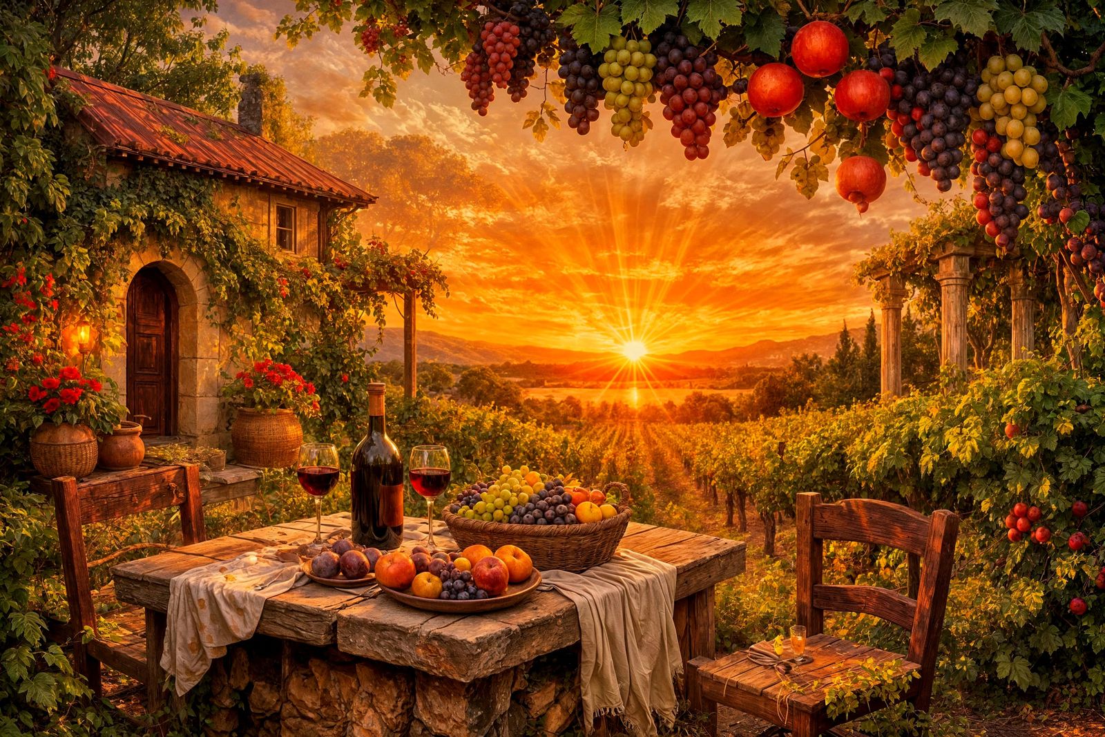 Roman Vineyard Cottage at Sunset, Pre-Raphaelite Style