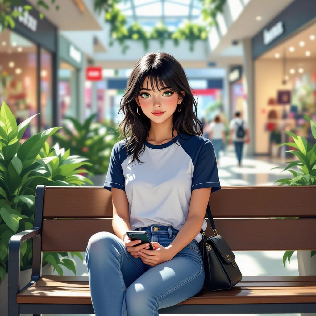 Girl with Phone in Mall, Digital Painting Style
