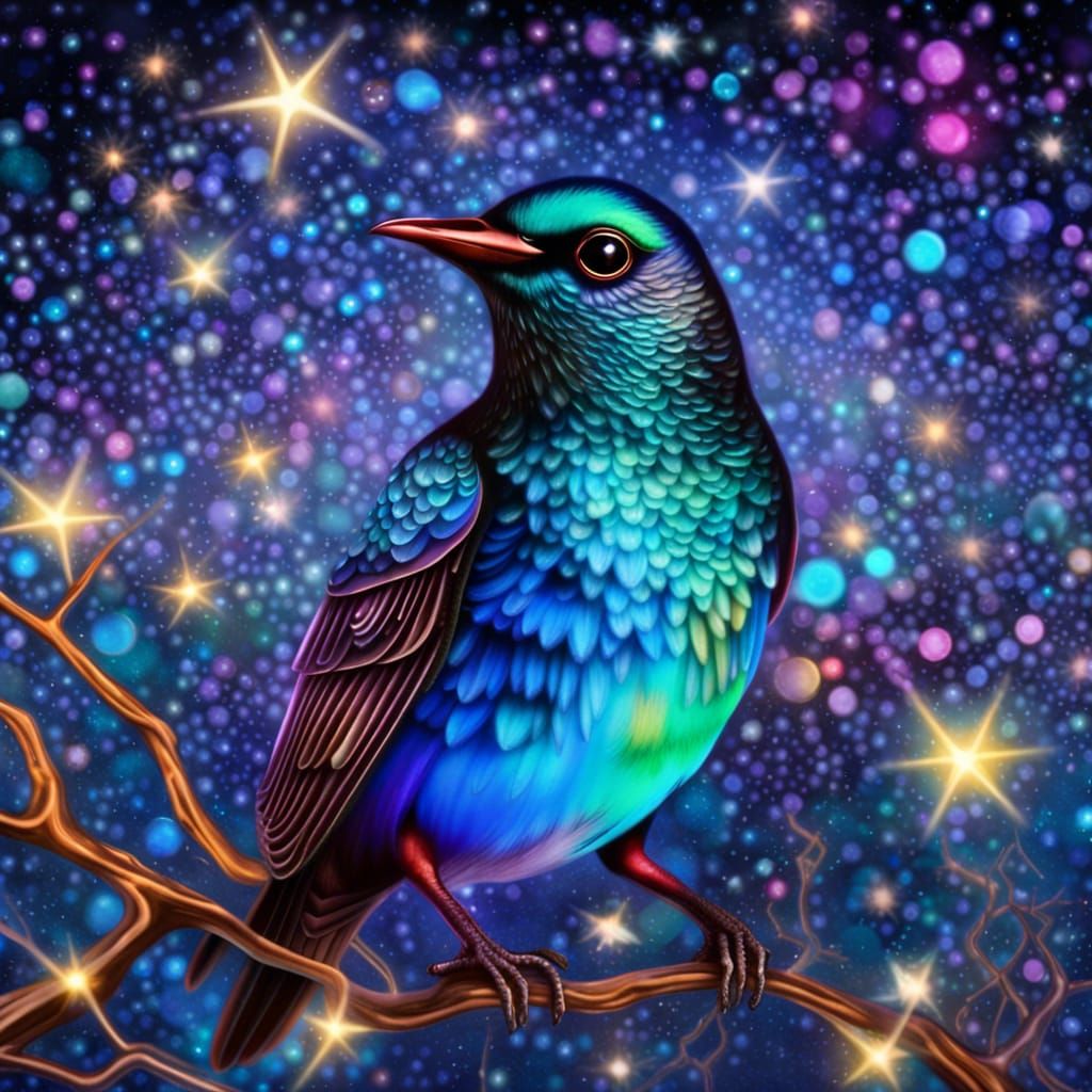 Iridescent Starling in Twinkling Night Sky