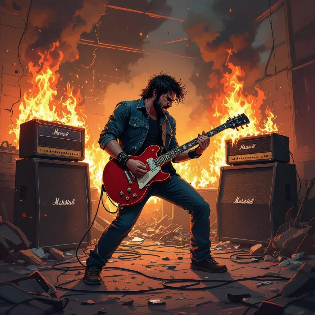 Man Plays Guitar in Burning Studio, Free Bird Taping