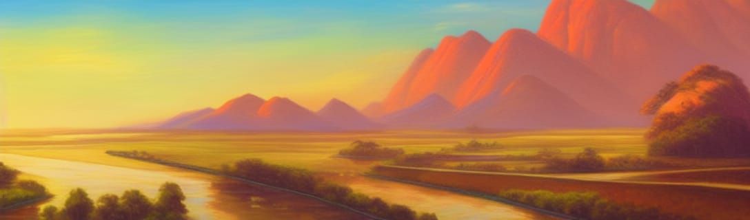 Sunrise Mountains with Rice Field in Oil Painting