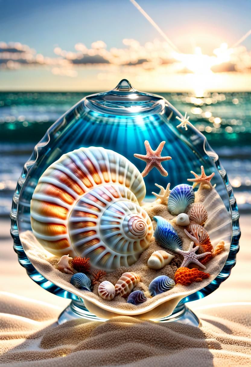 Luminous Glass Seashell Filled with Ocean Animals