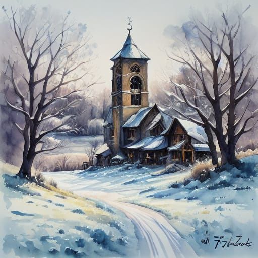 Snowy Falmer Church and Pond in Watercolor