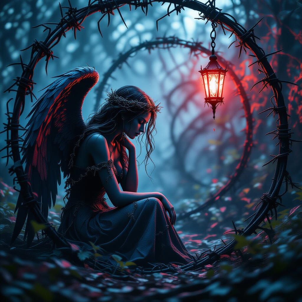 Barbed Wire Angel in Crimson and Cobalt Maze