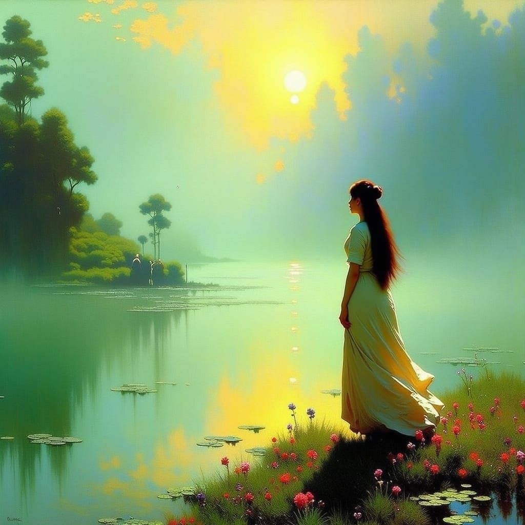 Ethereal Woman Contemplates Lakeside Dawn in Surreal Landsca...