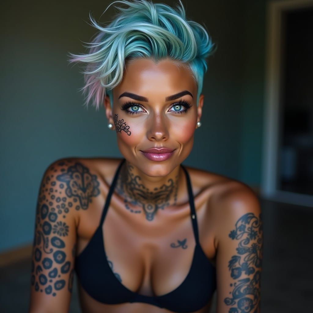 Tan Woman with Pink Hair and Leopard Tattoo
