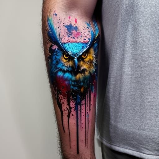 Great Horned Owl Tattoo Art with Paint Splatter