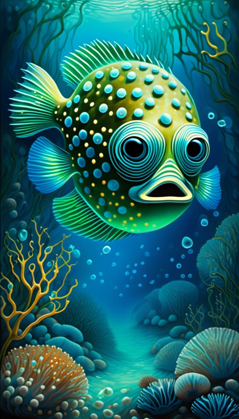 Bioluminescent Glass Pufferfish in a Surreal Underwater Scen...