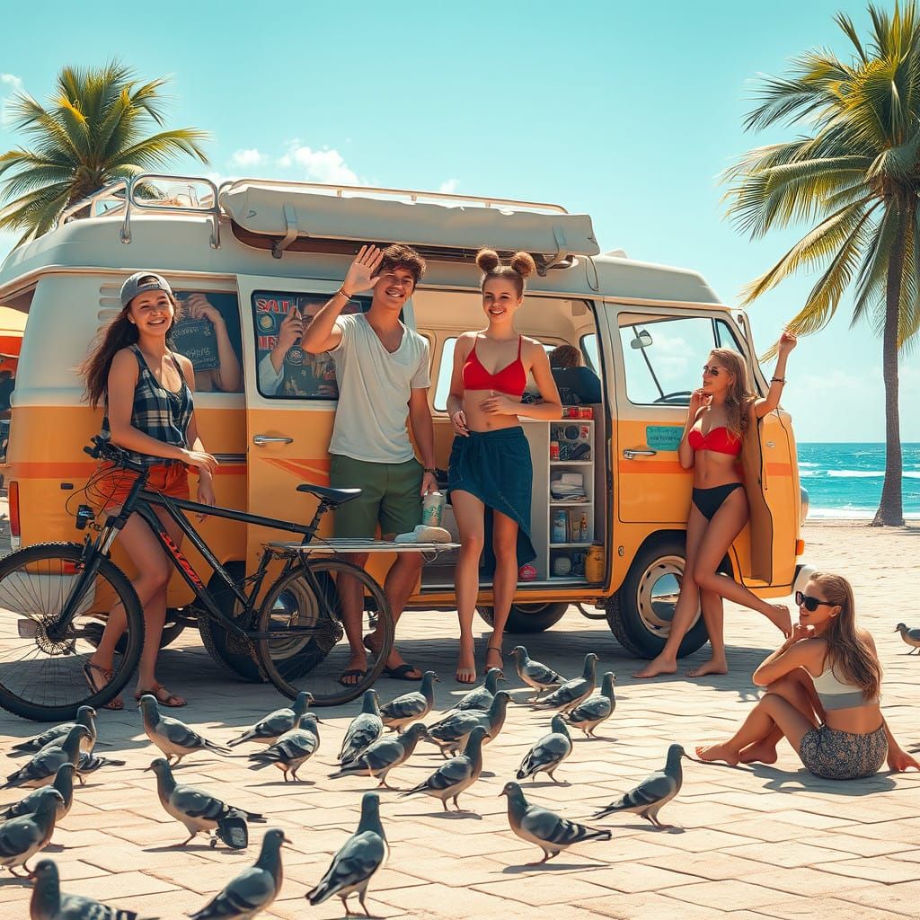 Sunny Beach Gathering Around a Retro Van in a Fantastical Su...