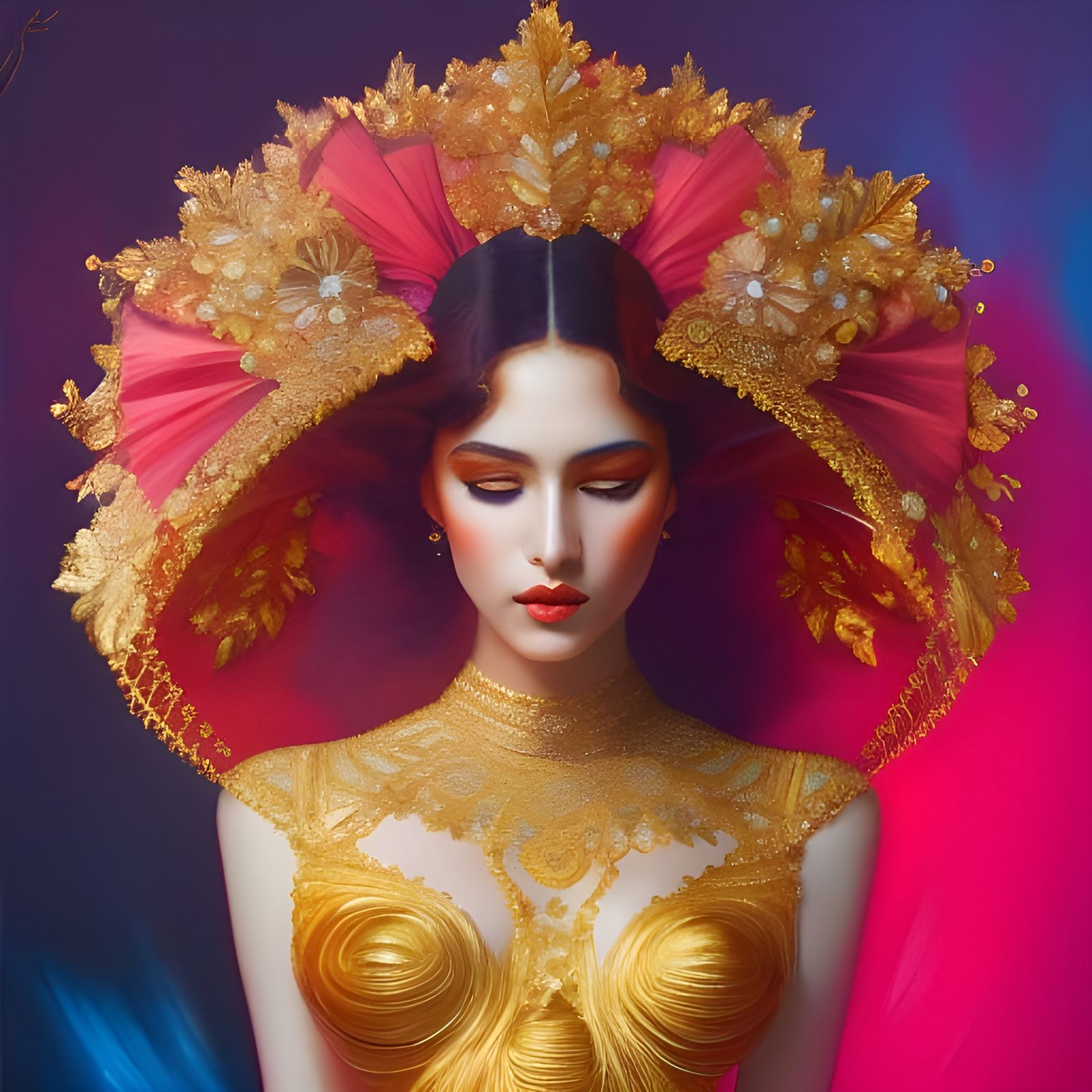 Intricate Gold Cake Skirt Portrait in Art Nouveau Style