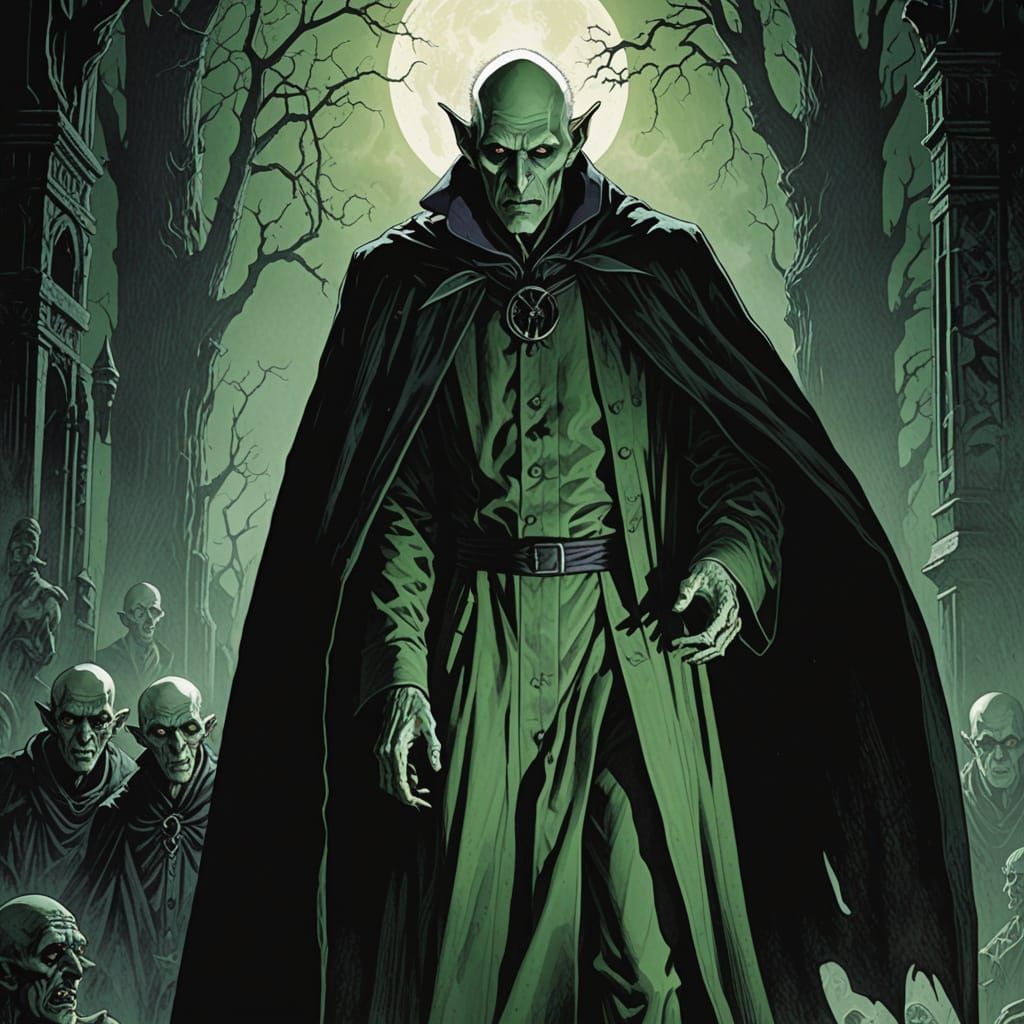 Ghostly Green Nosferatu in Sinister Graphic Novel Style