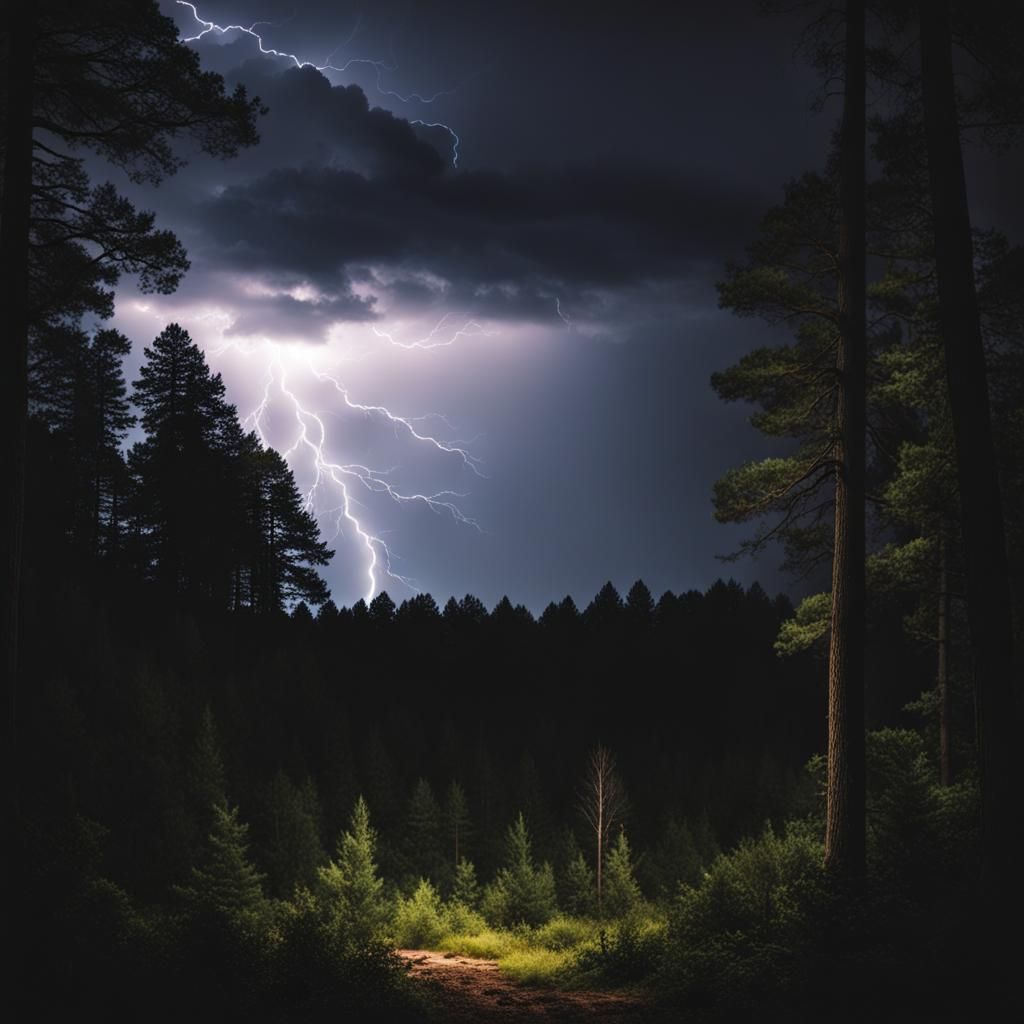 A thunderstorm at night in a forest