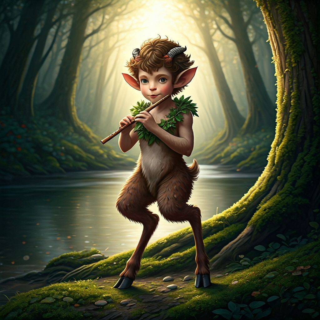Young Faun with Flute in Picture Book Style