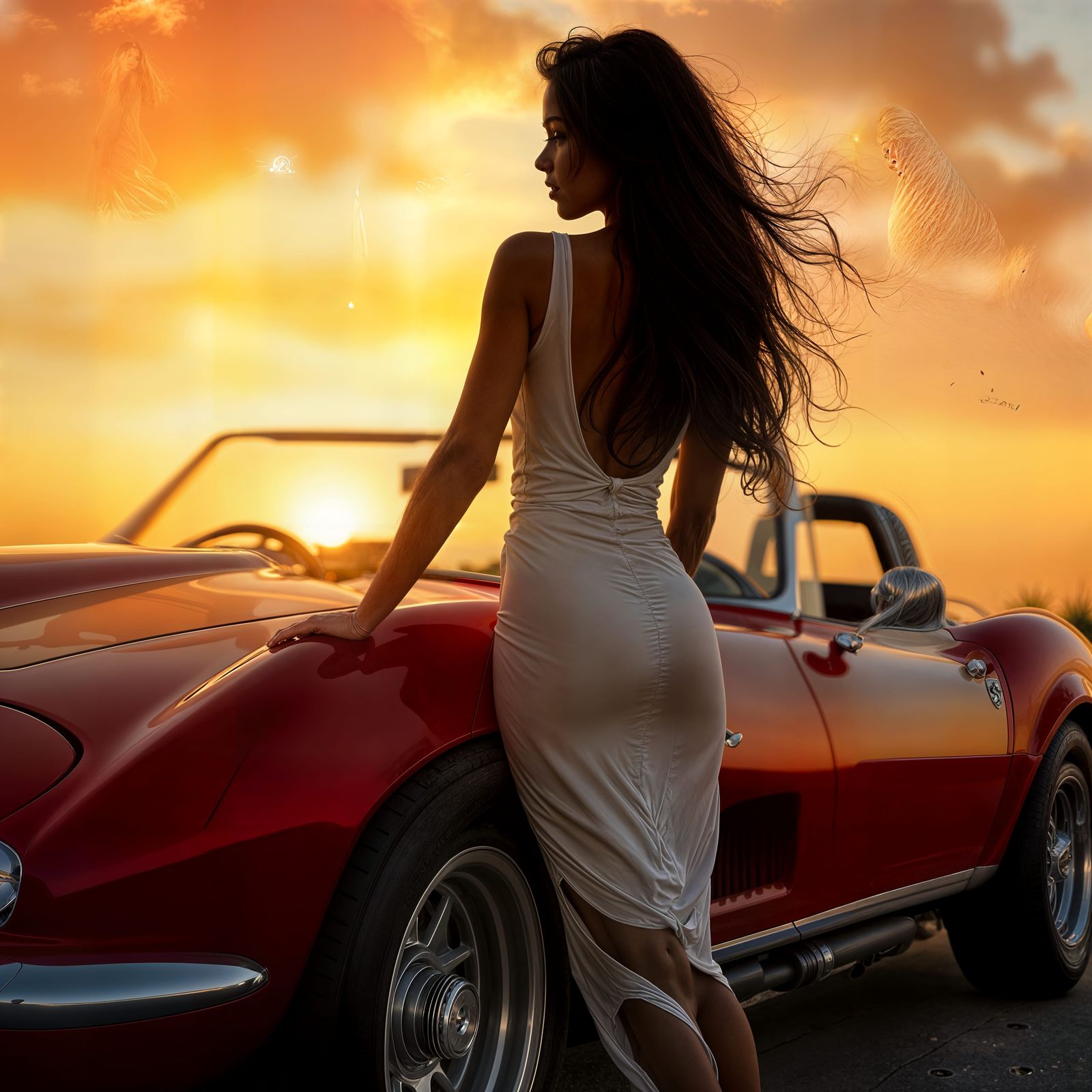 Woman in White Dress Leaning on Ferrari Spyder