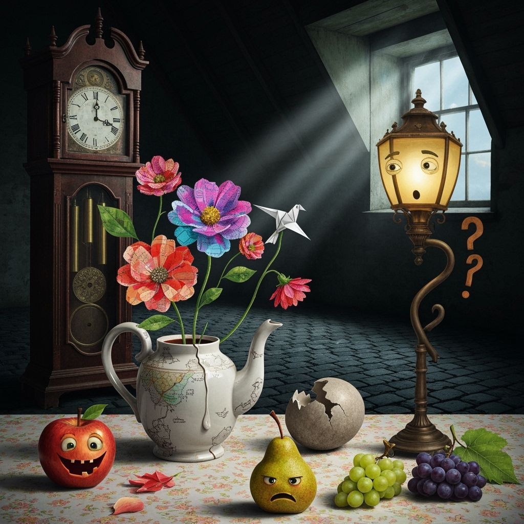 Melancholic Grandfather Clock in Attic, Collage Art Style