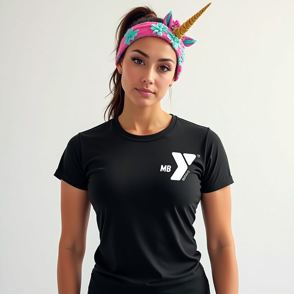 Realistic Female Fitness Model in YMCA Logo Tee with Unicorn...