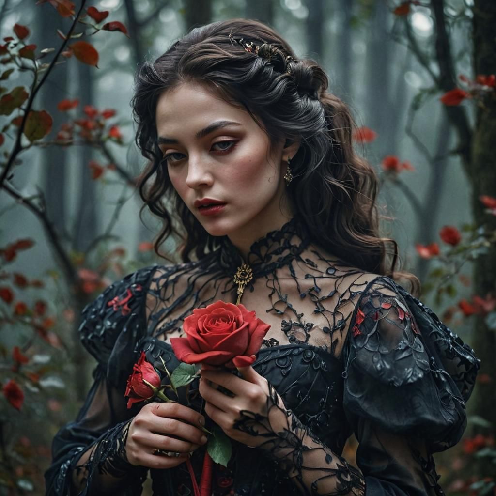 Mysterious Woman with Rose in Baroque Surrealism