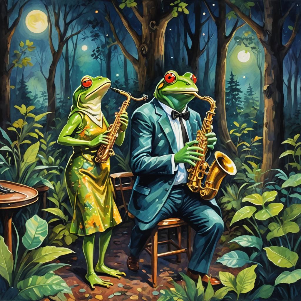 Jazz Frogs in Forest Club, Gouache Style