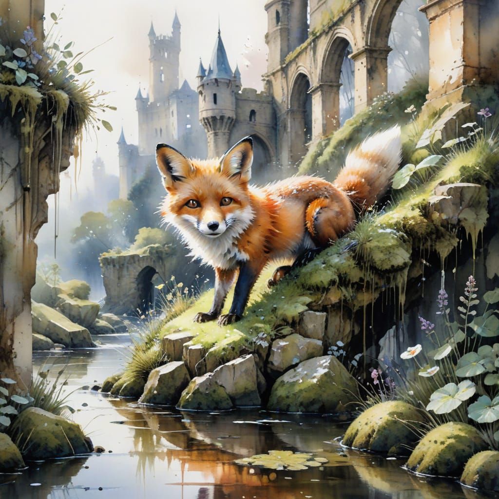Fox Cub in Castle Ruins Watercolor Painting