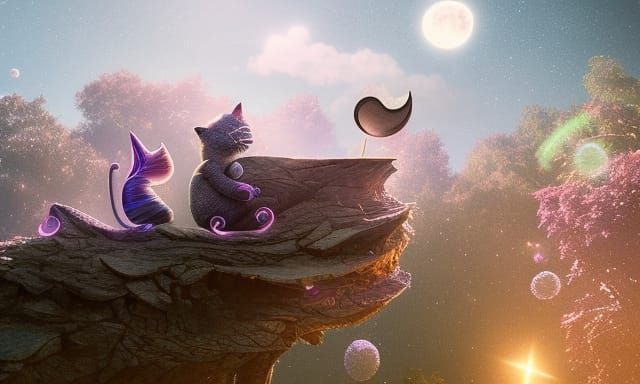 Detailed Cheshire Cat in Moonlight, Matte Painting