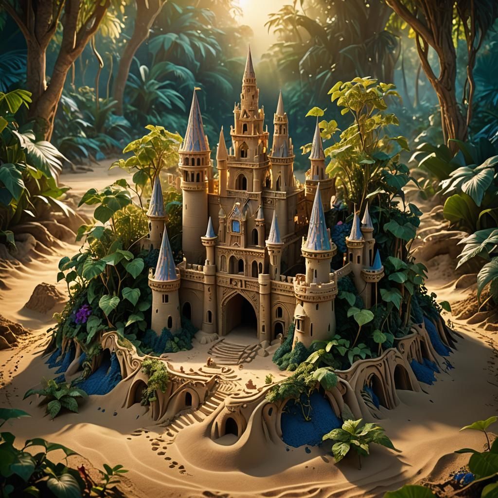 Sand Castle City in Jungle, Hyper-Realistic Digital Art