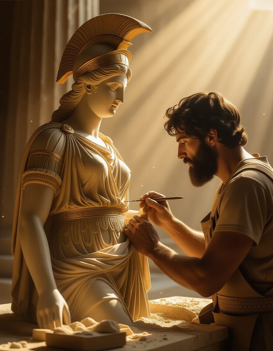 Fidias Carving Athena Parthenos Statue in Photorealistic Sty...