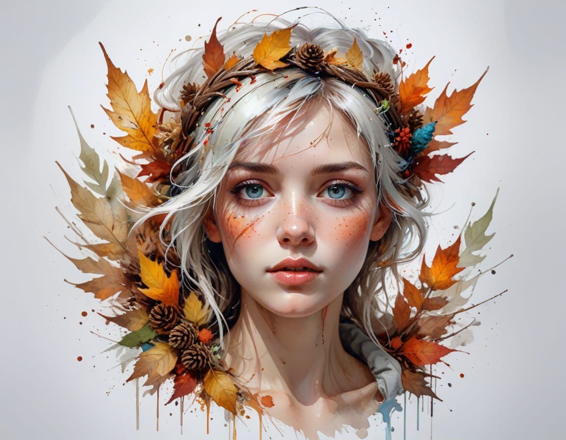 Autumn Woman with Leaf Wreath in Enchanting Forest
