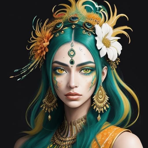 Abstract Portrait of Woman with Gold Skin and Feathers