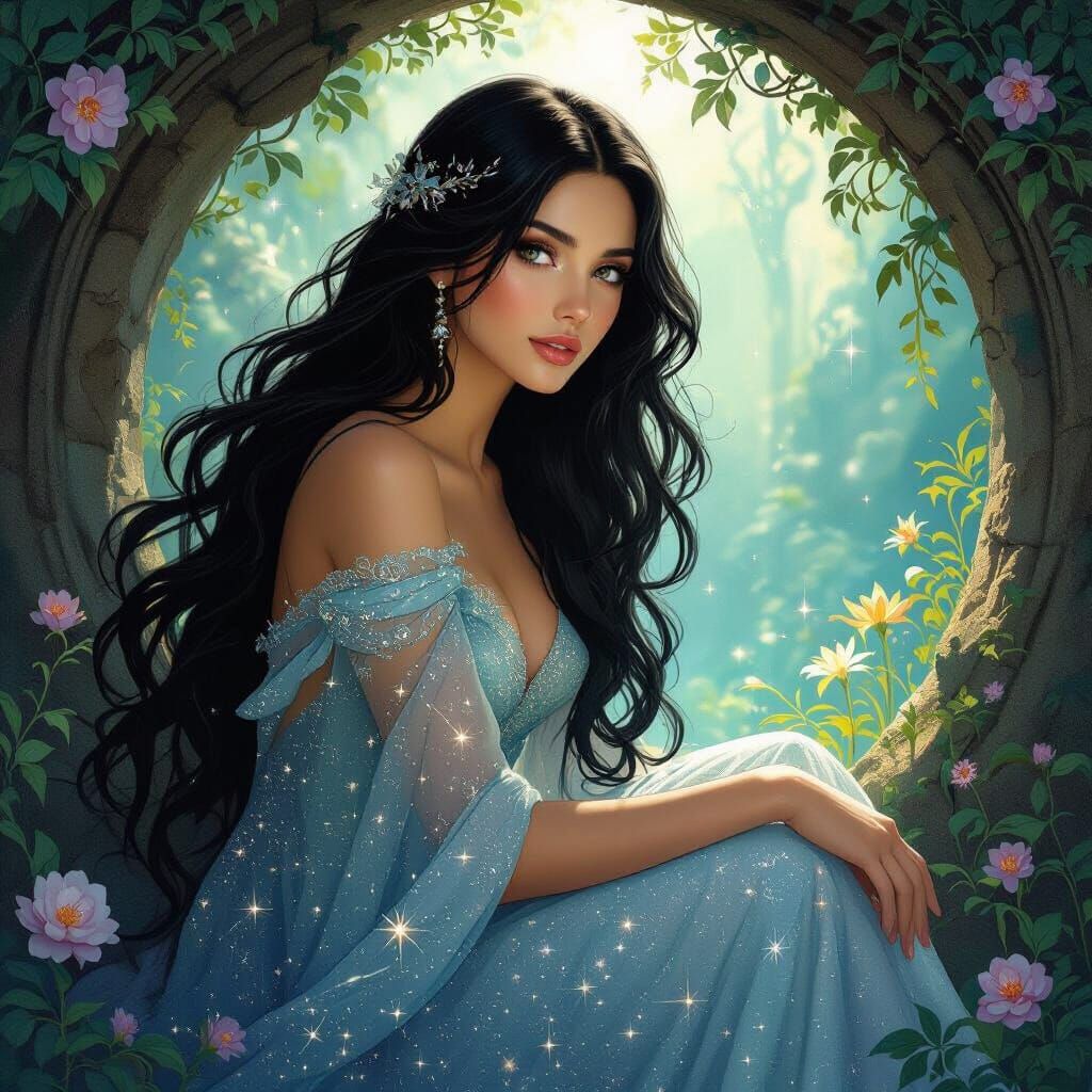 Stunning Woman in Grotto, Art Nouveau Style