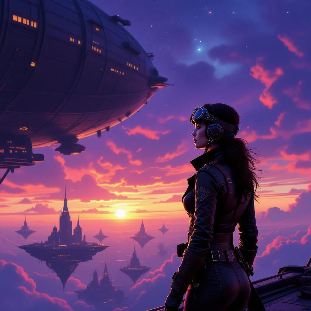 Woman Aviator on Airship Gazing at Alien Sunset