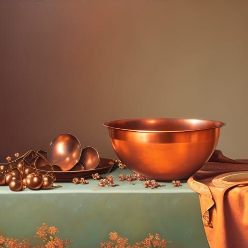 Copper Bowl with Flowers in Oil Painting Style