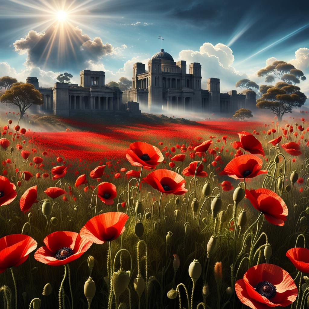 Red Poppies Field Under Divine Light