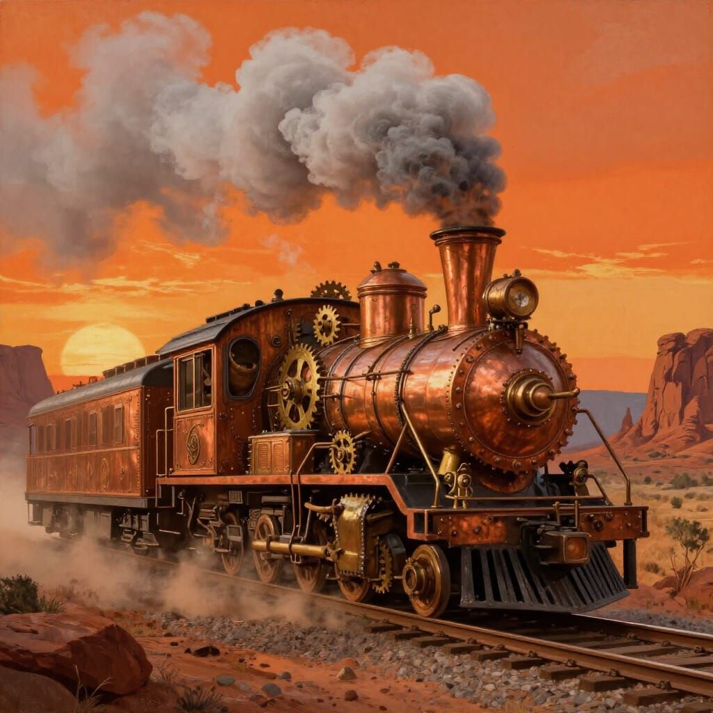 Steampunk Train in Old West Sunset Oil Painting