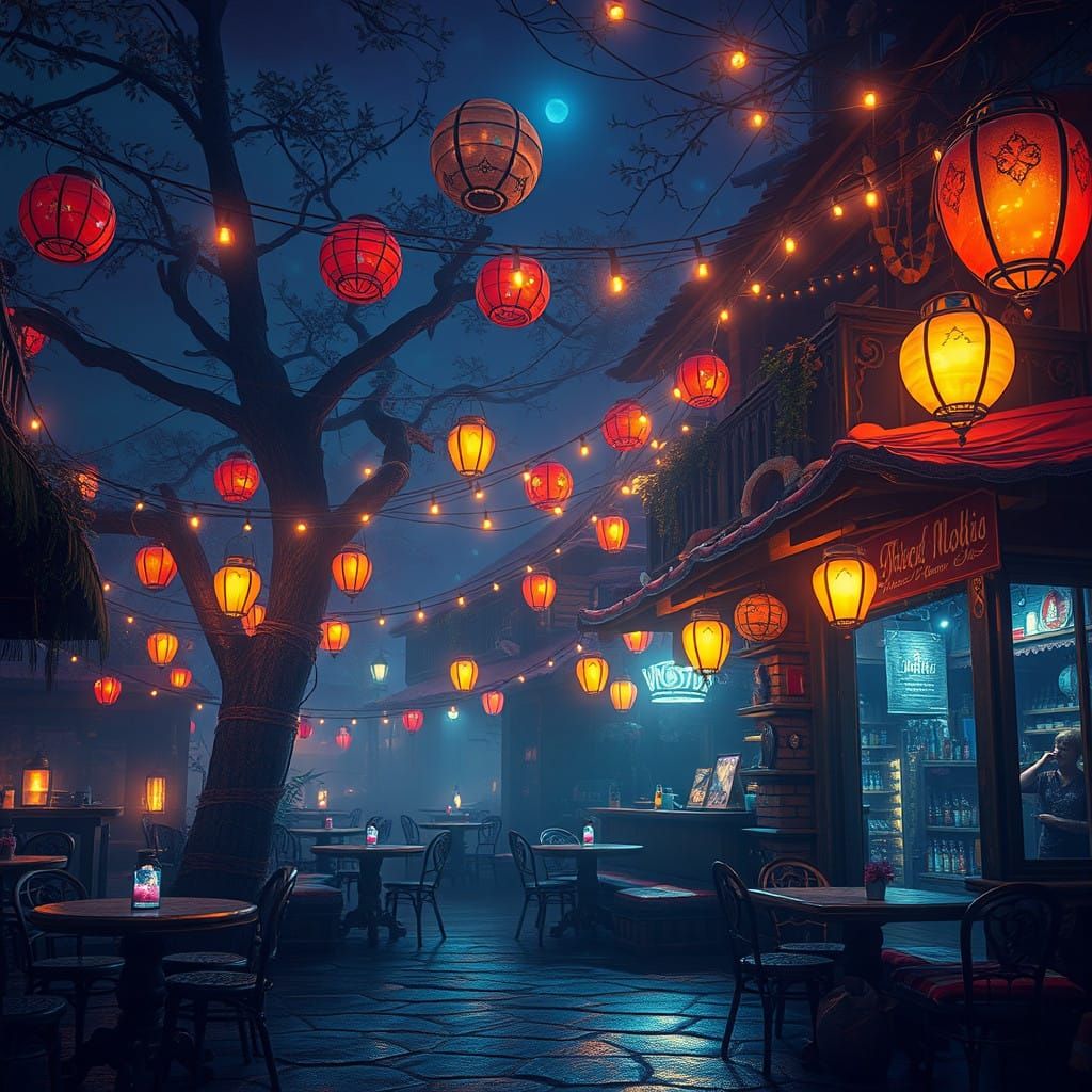 Whimsical Nighttime Tavern Scene in Dreamlike Color Palette