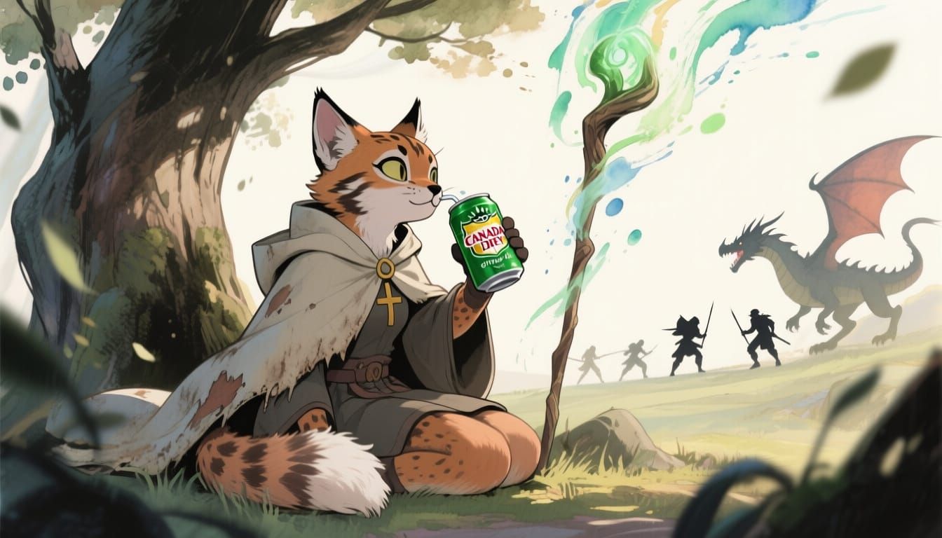 Lynx Priestess Enjoying Ginger Ale, Anime Style