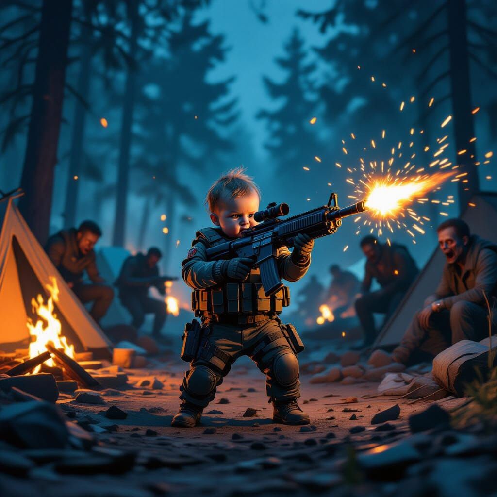Baby Warrior Fights Zombies in Dark Campsite