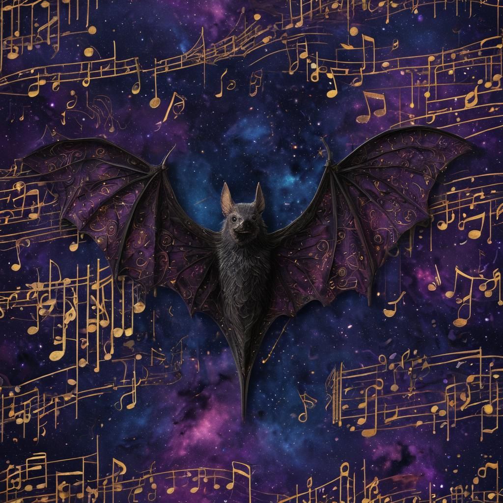 Musical Bat in Cosmic Nebula, Detailed Matte Painting