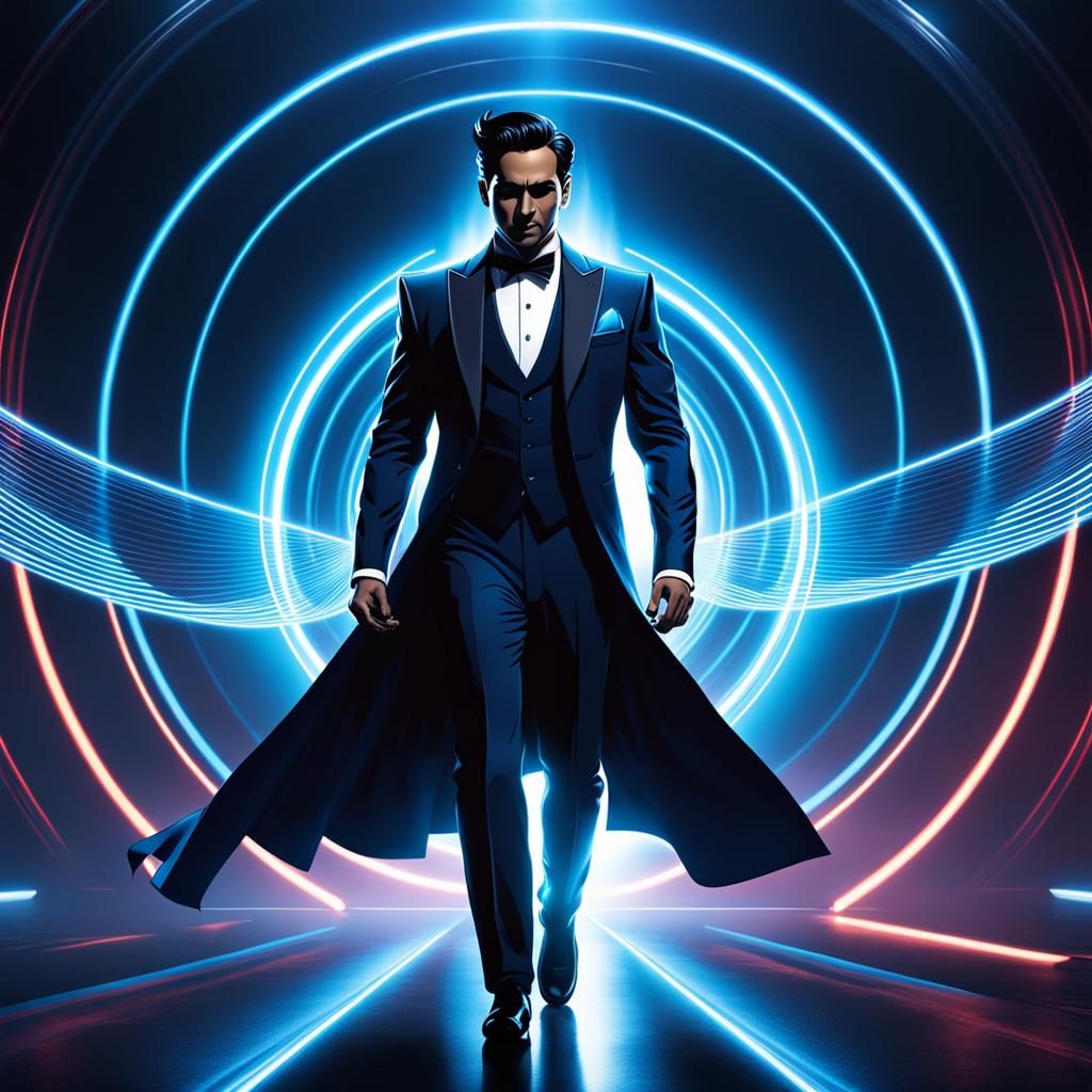 Neon-Noir Quantum Realm: Spectral Figure in Light