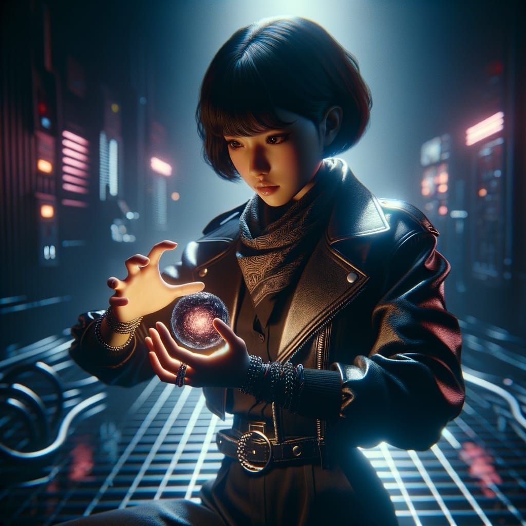 Japanese Girl Wields Dark Magic in a Cyberpunk Atmosphere