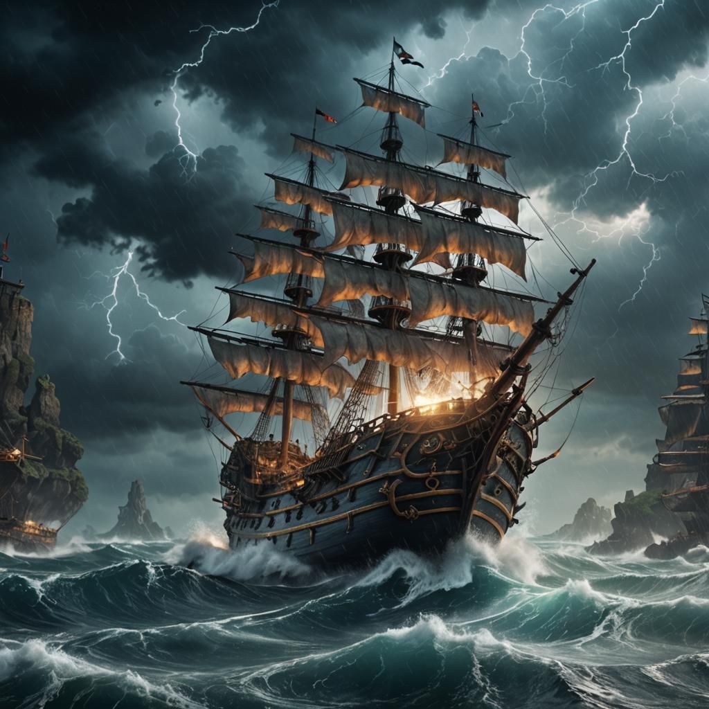 Pirate Ship Lightning Strike: Epic Digital Matte Painting