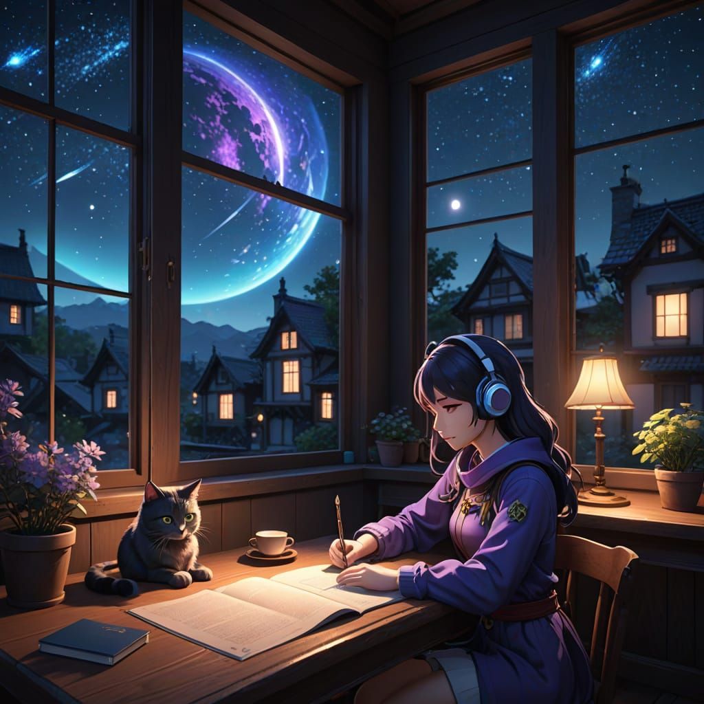 Anime-Inspired Lofi Girl in a Cozy Study Scene Under a Celes...