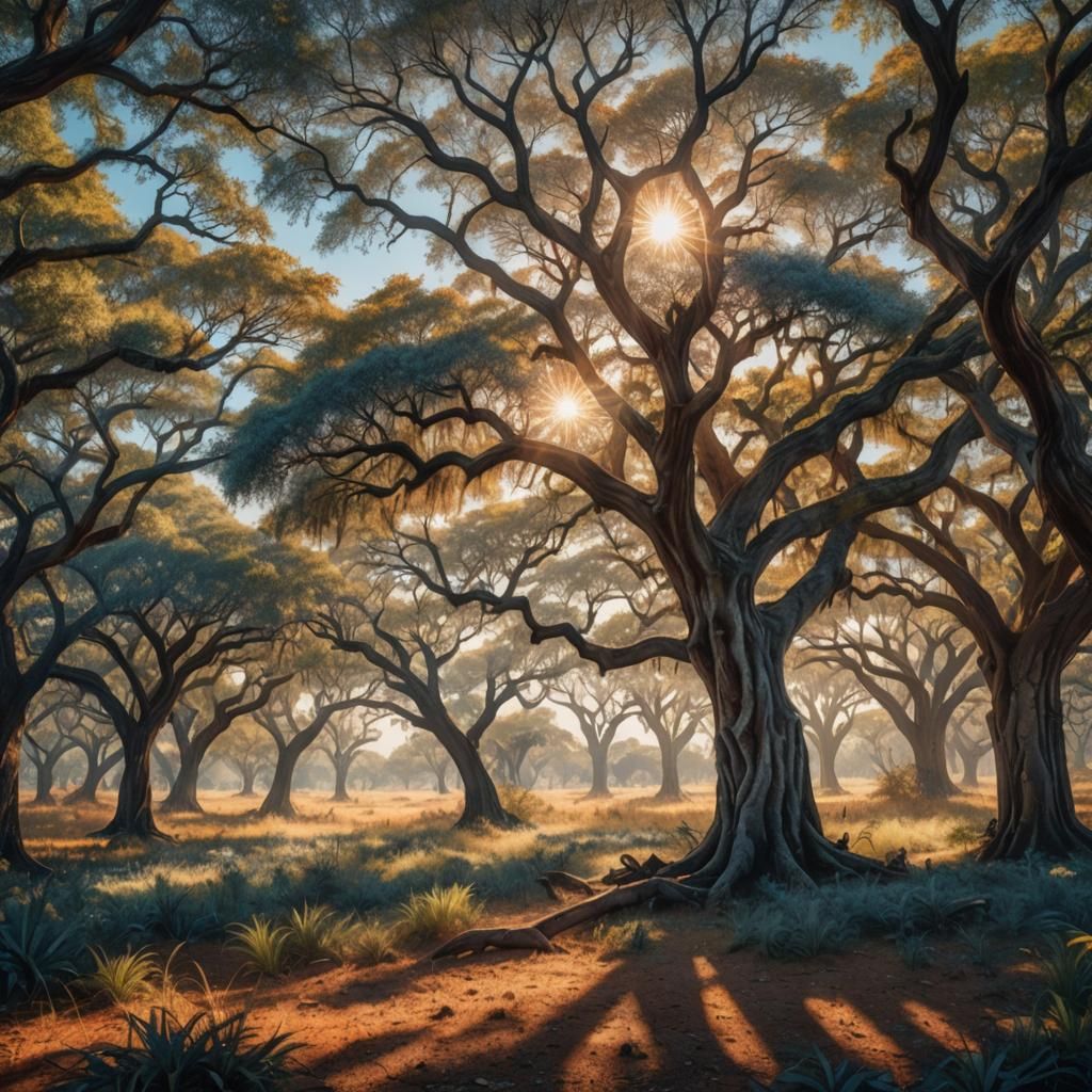 Surreal Sun-Drenched Savannah Landscape in Golden Light
