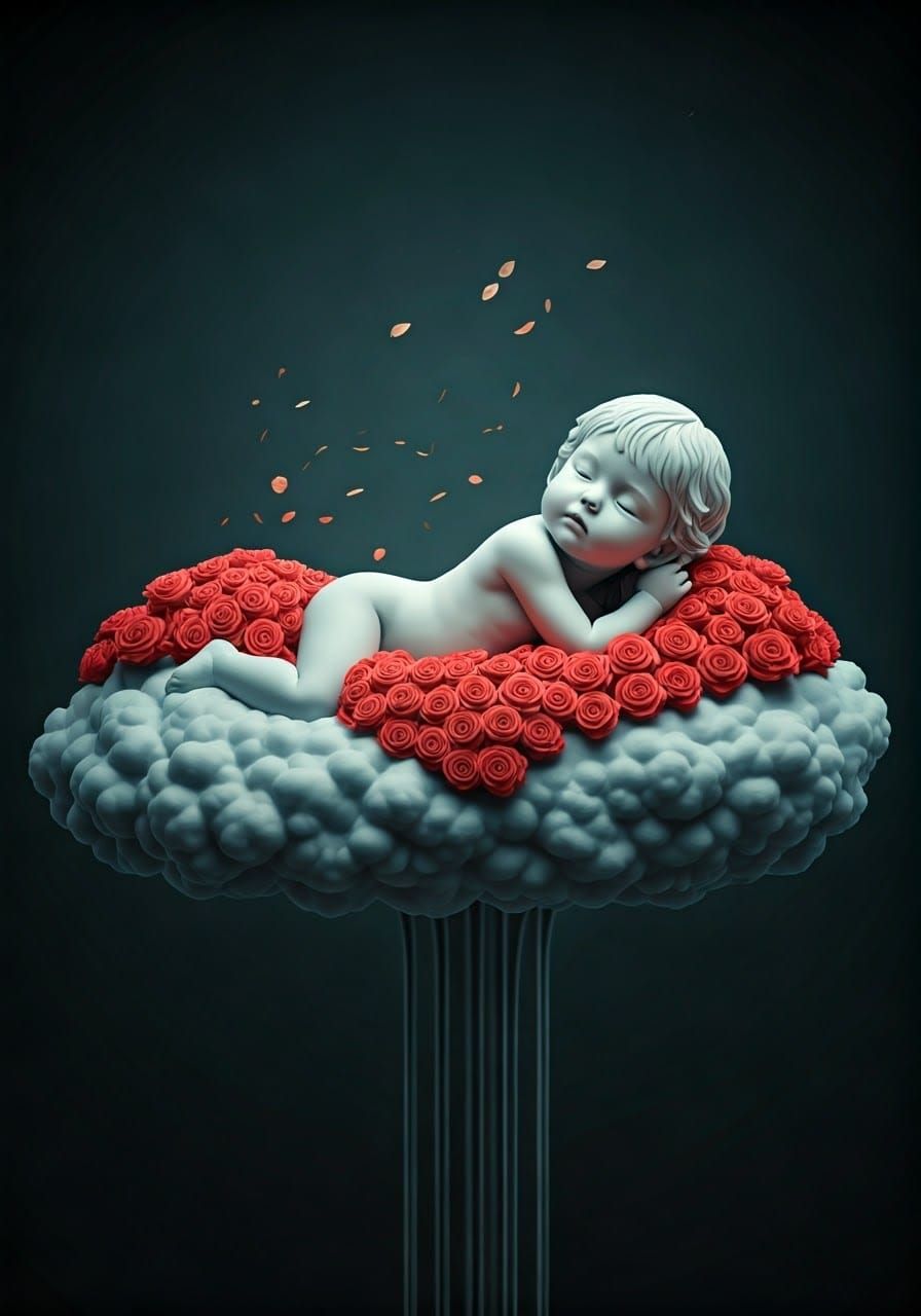 Realistic Child Statue Lying on Rose Cloud