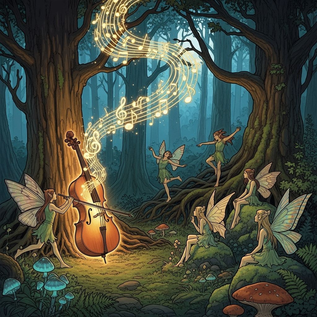 Magical Cello Plays in Enchanted Forest with Elves