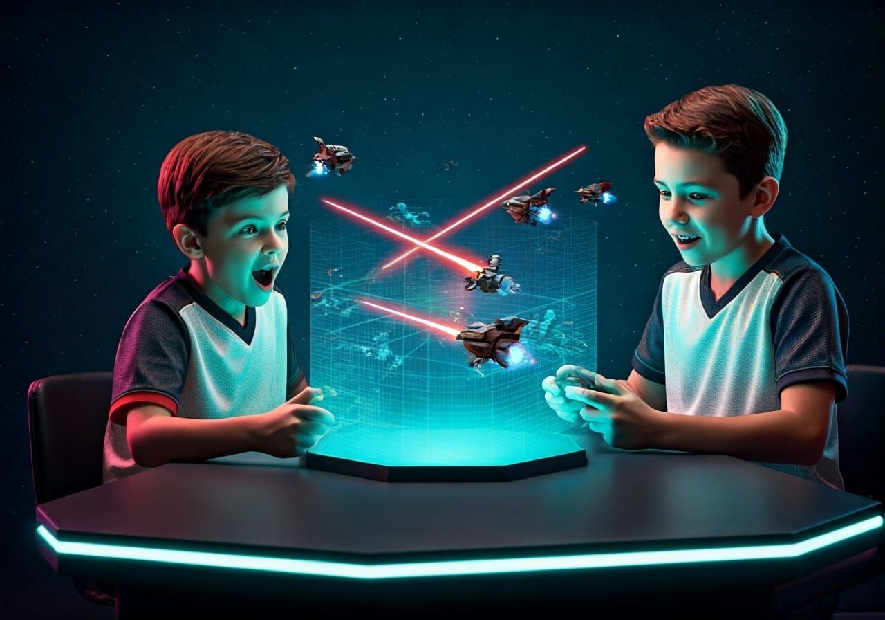 Boys Play Holographic Game in Cyberpunk Sci-Fi Style