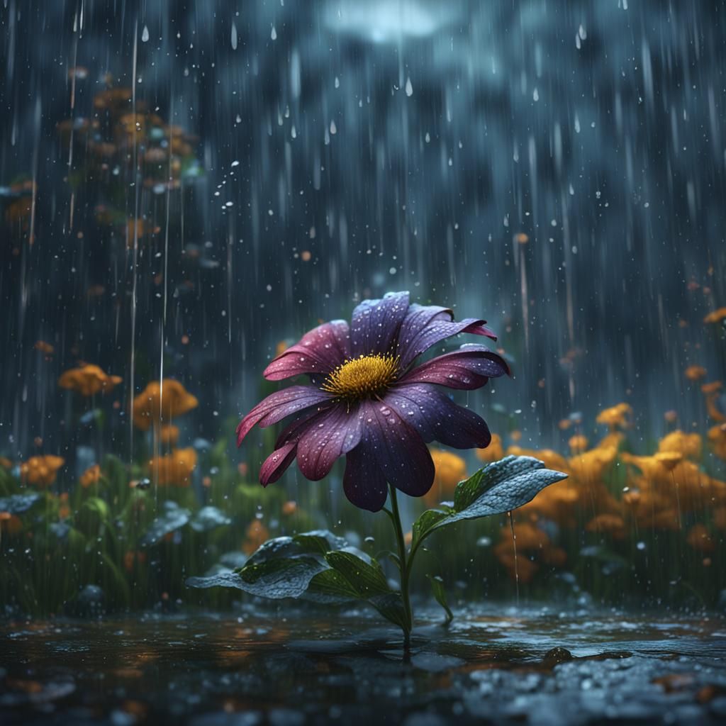 Lonely Flower in Rain: Detailed Matte Painting